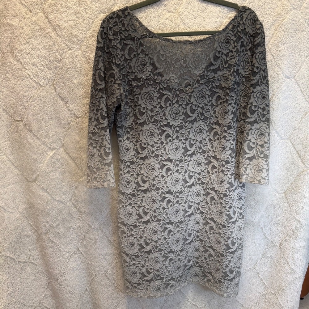 Gray Floral Lace Fit Flare Cocktail Dress 3/4 Sleeve Ombre Lined USA Womens L